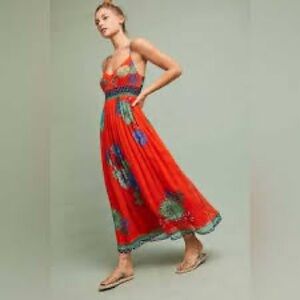 Maeve Vibrant Red Midi Dress with Floral Accents